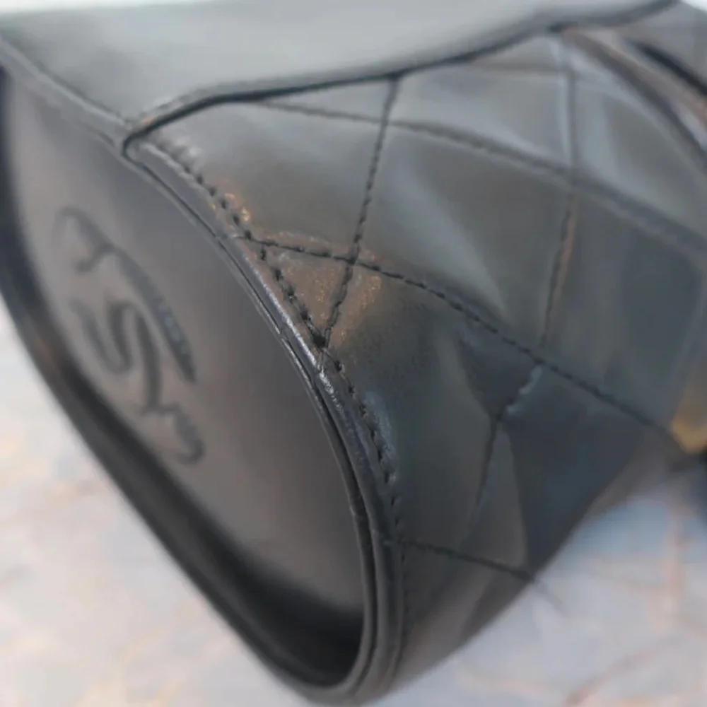 Authentic CHANEL vintage mini vanity bucket 24k gold black lambskin leather bag